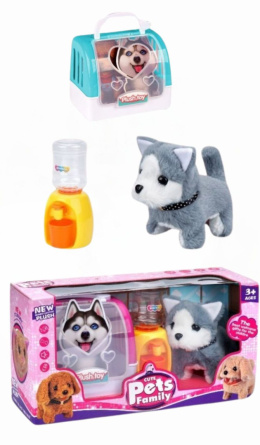 Piesek husky - elektryczna przytulanka z klatką do podrózy